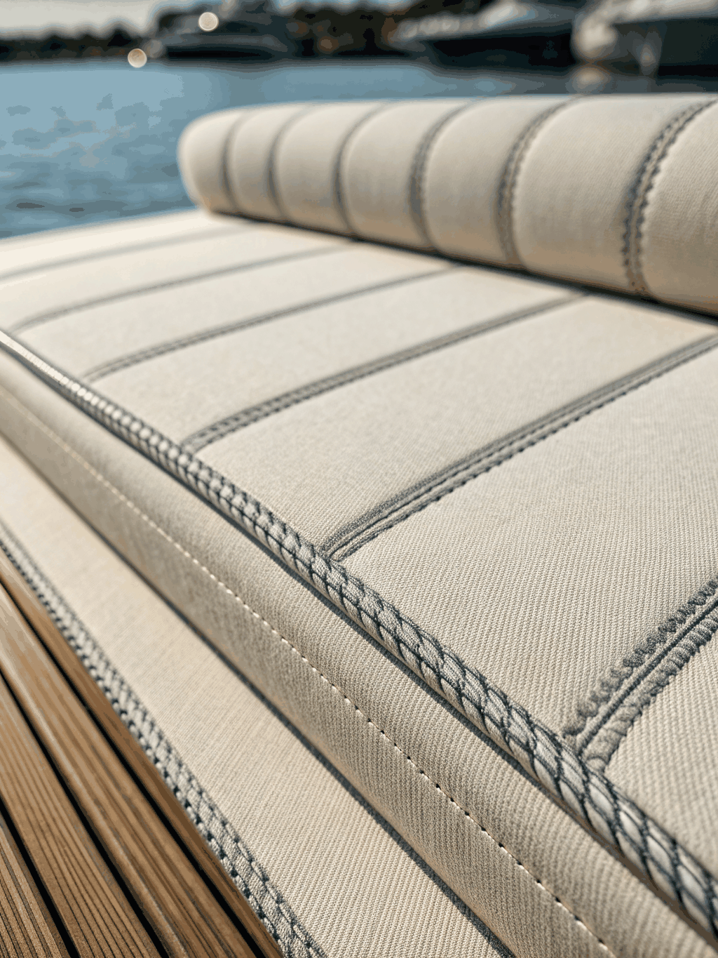 Refurbished interior cabin seating with marine-grade fabric