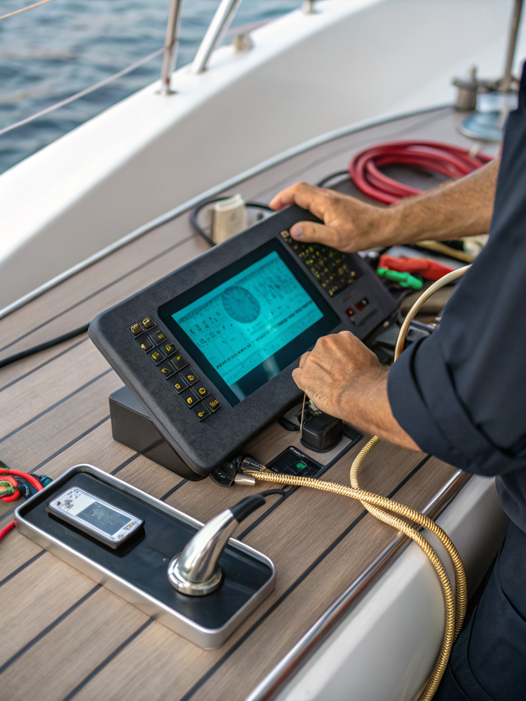 Custom-fitted console cover protecting marine electronics