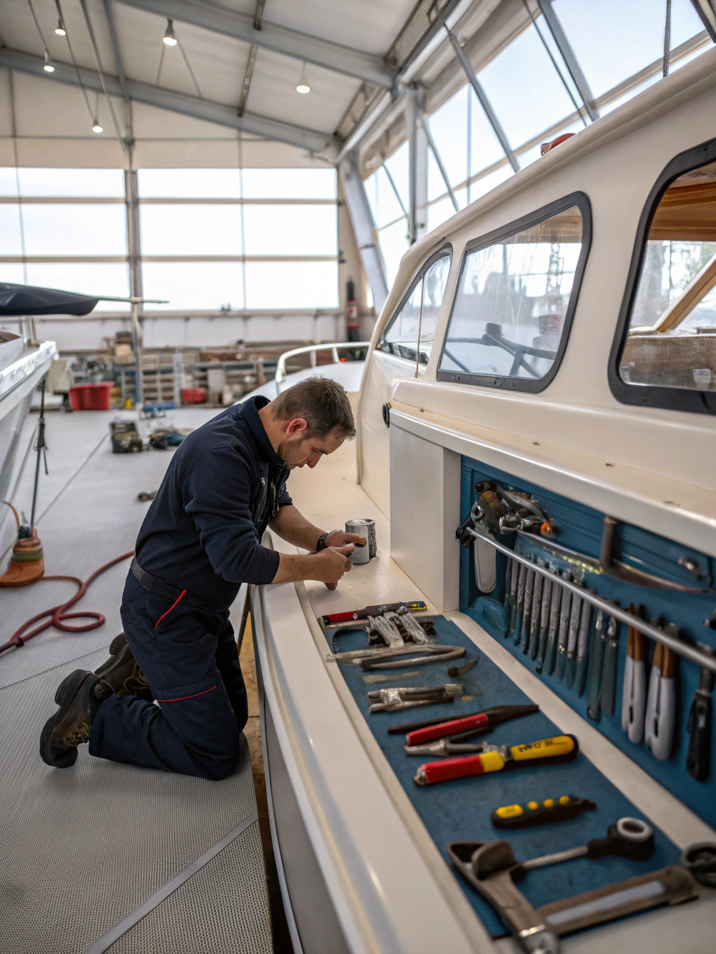 Robbie working on custom marine canvas in the workshop